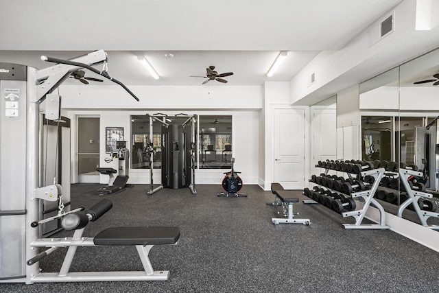 gym featuring visible vents, baseboards, and ceiling fan