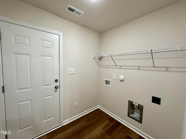 clothes washing area with washer hookup, hookup for a gas dryer, dark wood-type flooring, and electric dryer hookup