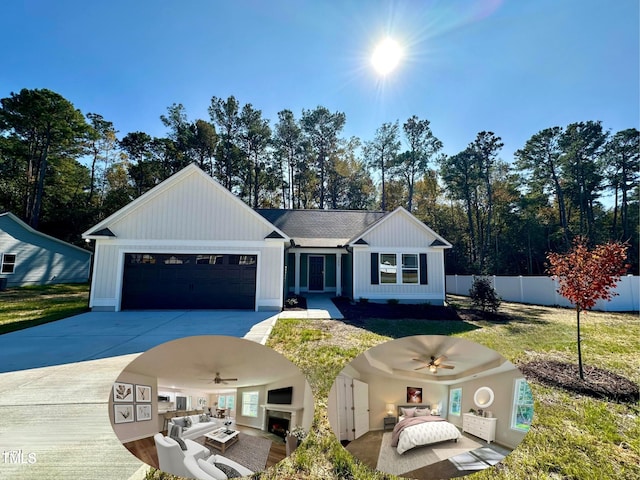 view of front facade with an outdoor living space, driveway, a ceiling fan, and fence