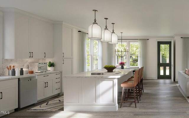 kitchen with backsplash, light hardwood / wood-style flooring, stainless steel dishwasher, a kitchen island, and hanging light fixtures