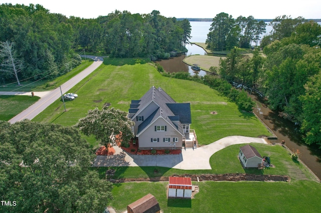 drone / aerial view featuring a water view