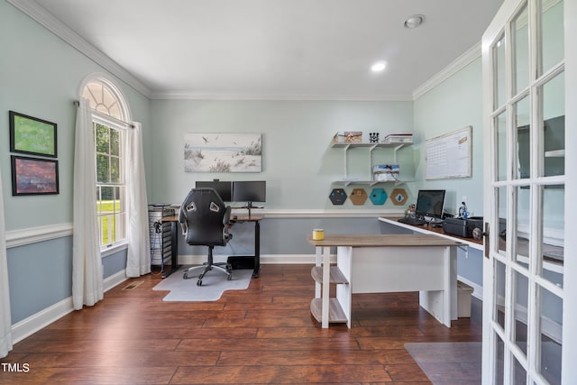 office area featuring wood-type flooring, ornamental molding, and baseboards