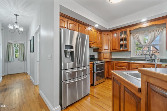 kitchen featuring brown cabinetry, light wood-style flooring, glass insert cabinets, stainless steel appliances, and a sink