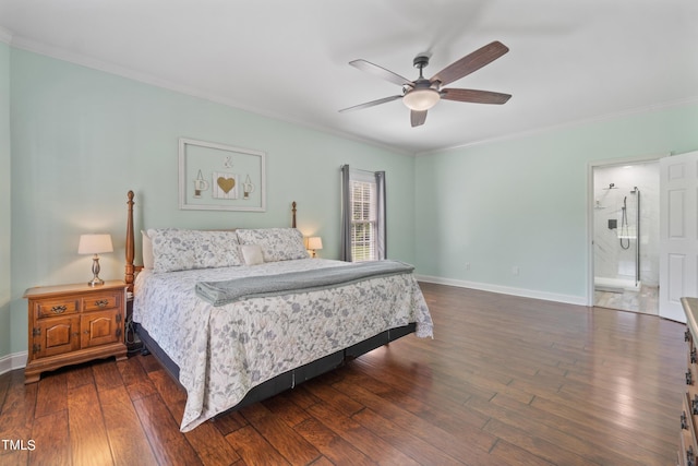 bedroom featuring ornamental molding, ceiling fan, dark wood-type flooring, and baseboards