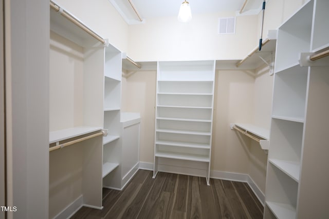 walk in closet with dark hardwood / wood-style flooring