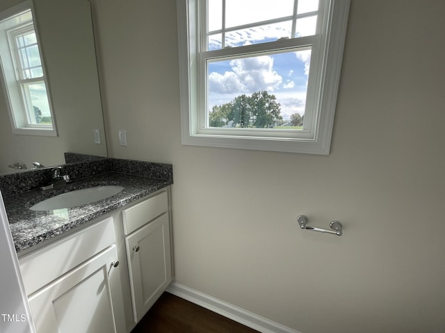 bathroom with baseboards, vanity, and a healthy amount of sunlight