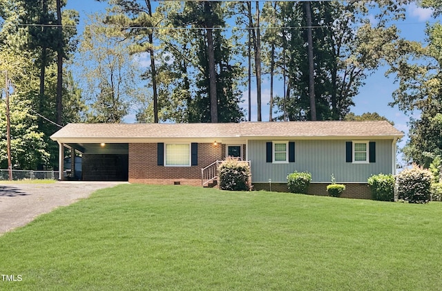 single story home with a carport and a front yard