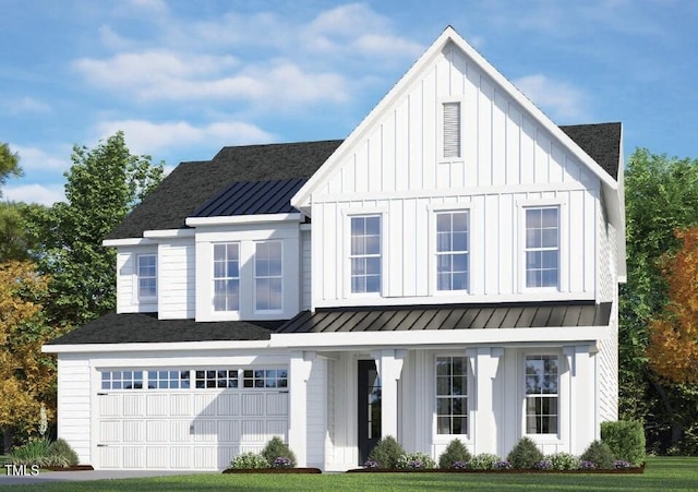 modern farmhouse style home with metal roof, a garage, roof with shingles, board and batten siding, and a standing seam roof