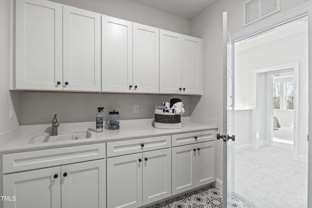 washroom with carpet floors, a sink, and visible vents