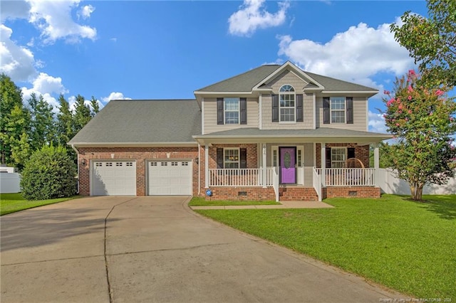 view of front of house with a garage, a front lawn, a porch, and brick siding