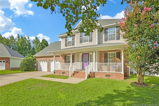 view of front of home featuring concrete driveway, a porch, crawl space, a front lawn, and brick siding