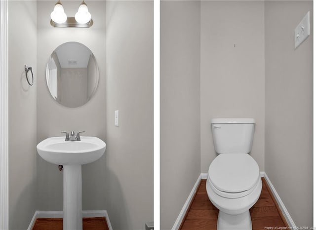 bathroom featuring a sink, toilet, baseboards, and wood finished floors