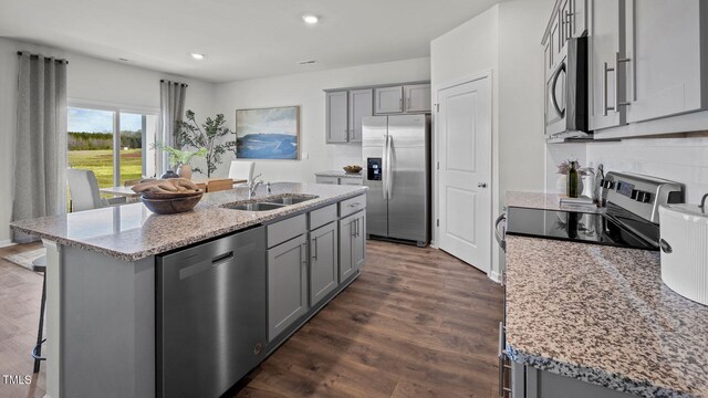 kitchen featuring appliances with stainless steel finishes, dark wood-type flooring, an island with sink, light stone countertops, and sink