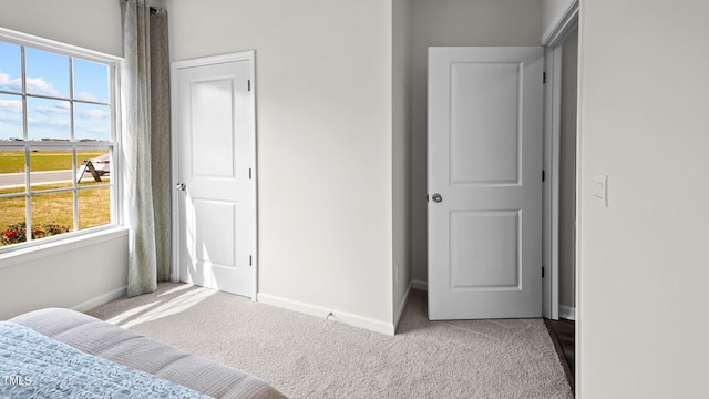 bedroom featuring light carpet and multiple windows