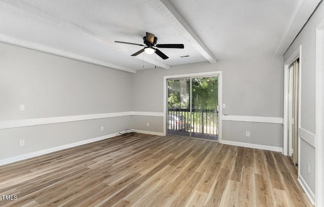 spare room with light wood finished floors, visible vents, a ceiling fan, beamed ceiling, and baseboards