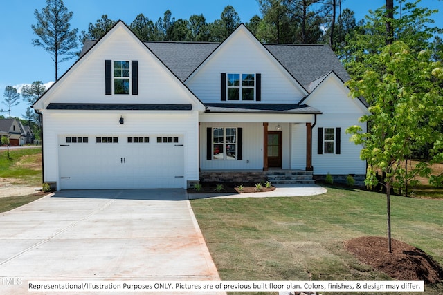 modern inspired farmhouse with a garage, a front yard, and covered porch