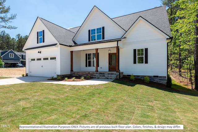 modern farmhouse style home featuring a front lawn, covered porch, and a garage