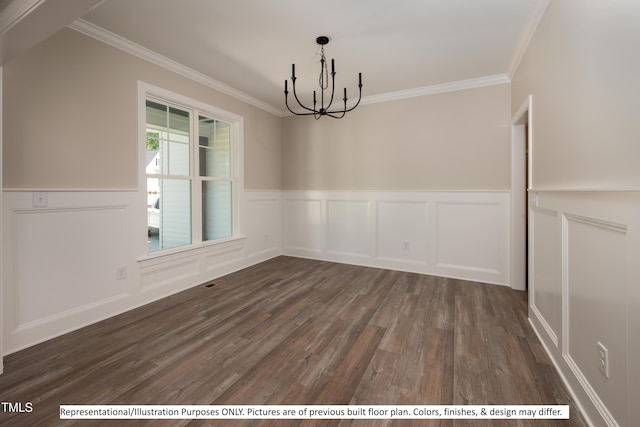 unfurnished dining area featuring ornamental molding, an inviting chandelier, and dark hardwood / wood-style flooring