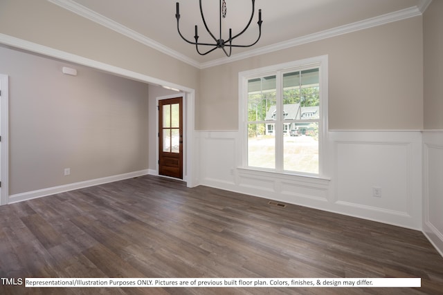 interior space featuring crown molding, an inviting chandelier, and dark hardwood / wood-style flooring