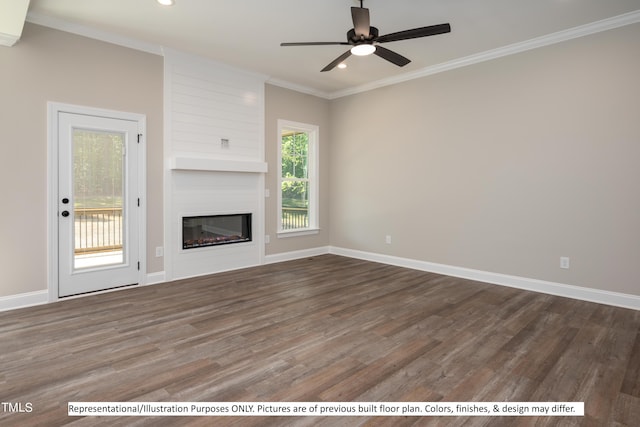 unfurnished living room featuring ceiling fan, ornamental molding, dark hardwood / wood-style flooring, and a large fireplace