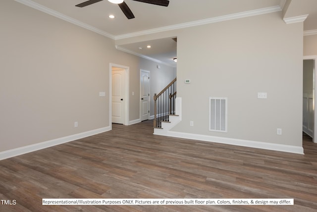 unfurnished living room with ornamental molding, ceiling fan, and dark hardwood / wood-style floors