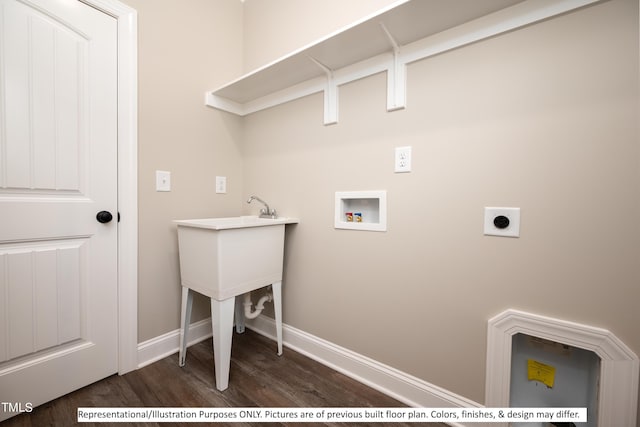 clothes washing area with hookup for a washing machine, dark wood-type flooring, and hookup for an electric dryer