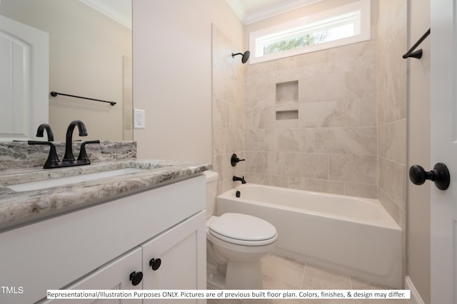 full bathroom featuring ornamental molding, vanity, tiled shower / bath combo, and toilet