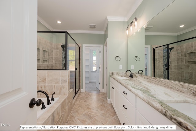 bathroom with crown molding, vanity, and plus walk in shower