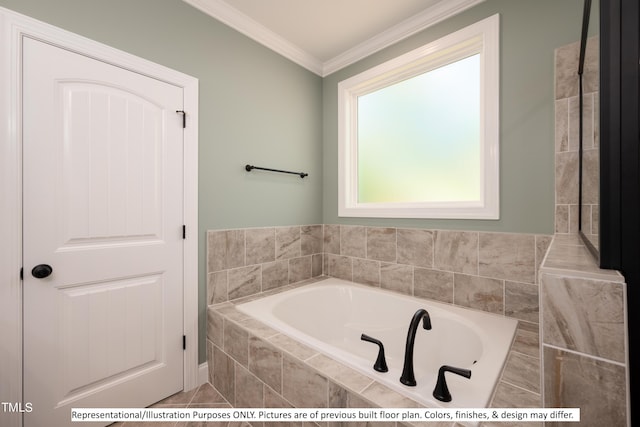 bathroom featuring crown molding and a relaxing tiled tub