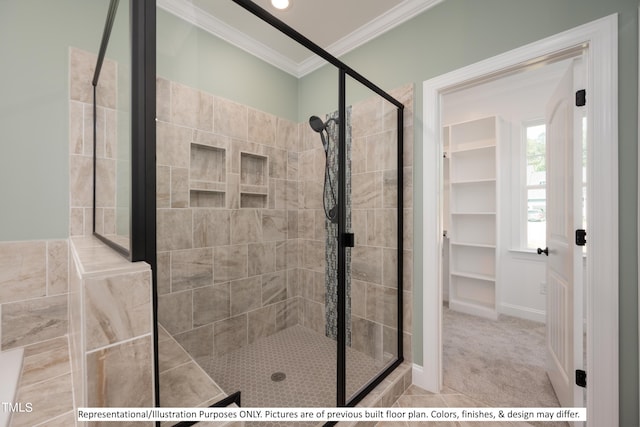 bathroom featuring walk in shower and crown molding