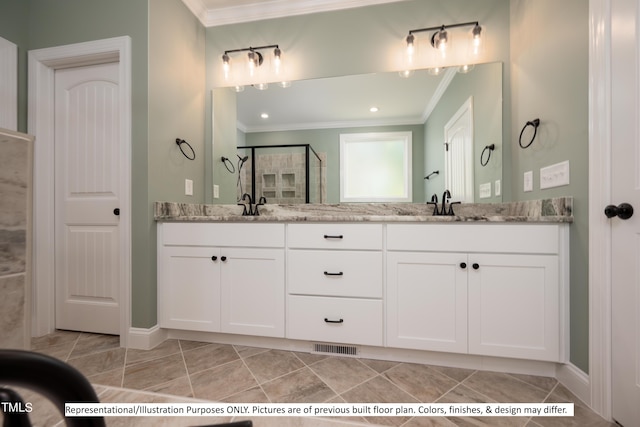 bathroom featuring crown molding, tile patterned flooring, a shower with door, and vanity