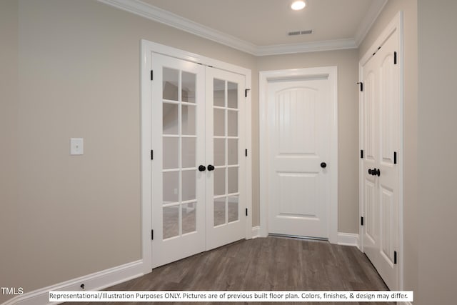 doorway to outside featuring ornamental molding, french doors, and dark hardwood / wood-style flooring