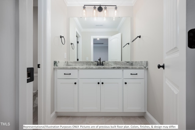 bathroom featuring ornamental molding, toilet, tile patterned flooring, and vanity