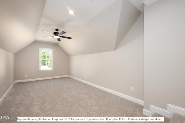 additional living space featuring ceiling fan, light colored carpet, and vaulted ceiling