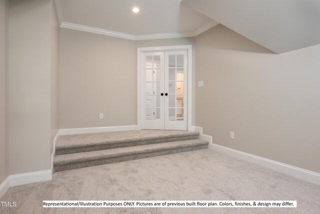 interior space featuring french doors, crown molding, and carpet flooring