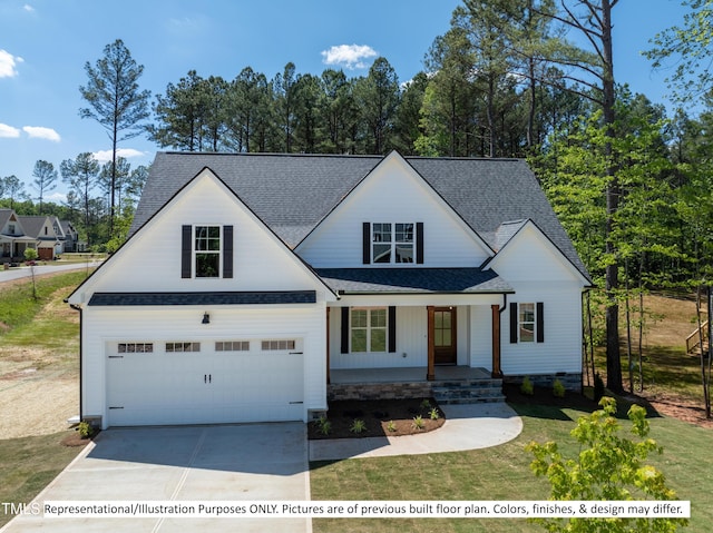 modern farmhouse style home with a garage, a porch, and a front lawn