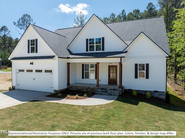 modern farmhouse style home featuring a garage, a front lawn, and covered porch