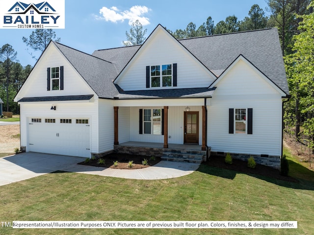 modern farmhouse with a garage, a front lawn, and covered porch