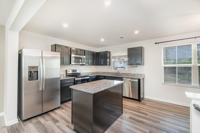 kitchen featuring a center island, a wealth of natural light, light hardwood / wood-style flooring, and stainless steel appliances