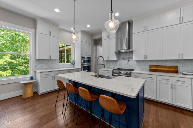 kitchen featuring a kitchen island with sink, a healthy amount of sunlight, stainless steel appliances, and wall chimney range hood