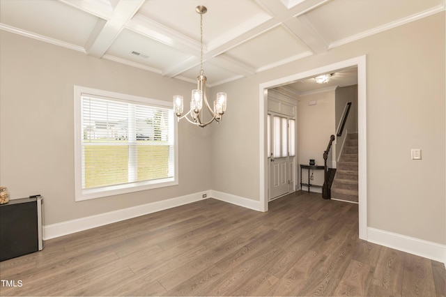 159 Shady Oaks Dr, Benson, NC 27504 - unfurnished dining area featuring coffered ceiling, stairs, baseboards, a chandelier, and dark wood-style floors