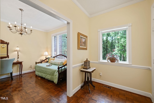 bedroom with multiple windows, dark parquet floors, and a notable chandelier