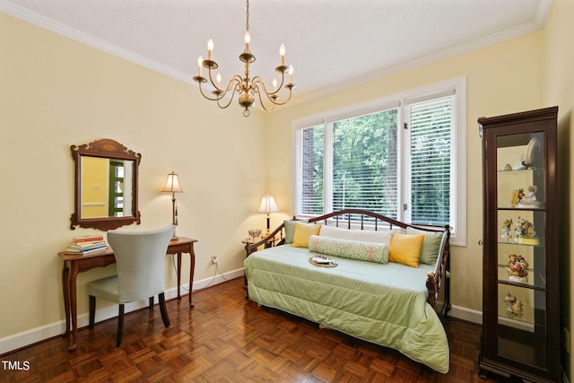 bedroom featuring ornamental molding, a textured ceiling, dark parquet floors, and a chandelier