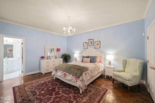 bedroom featuring crown molding, dark parquet floors, ensuite bathroom, and a notable chandelier