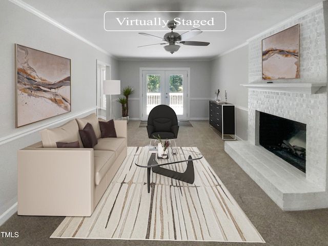 living room featuring ceiling fan, french doors, a brick fireplace, and carpet flooring