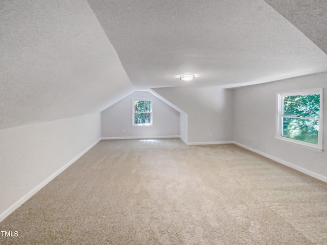 additional living space with light colored carpet, a textured ceiling, and lofted ceiling