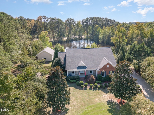 drone / aerial view featuring a water view