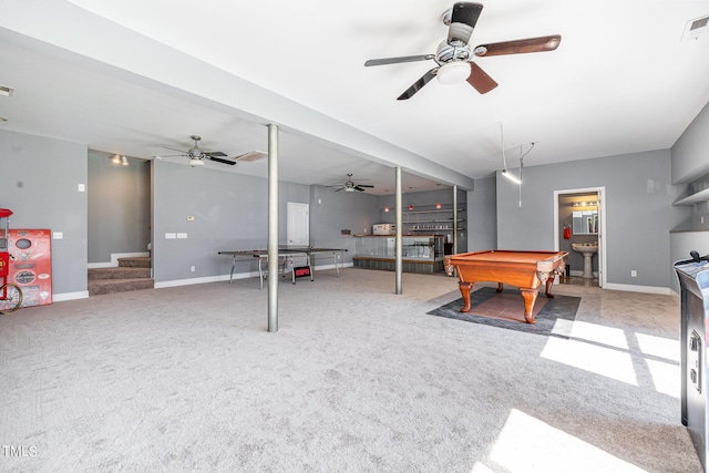 recreation room featuring billiards, carpet flooring, and ceiling fan