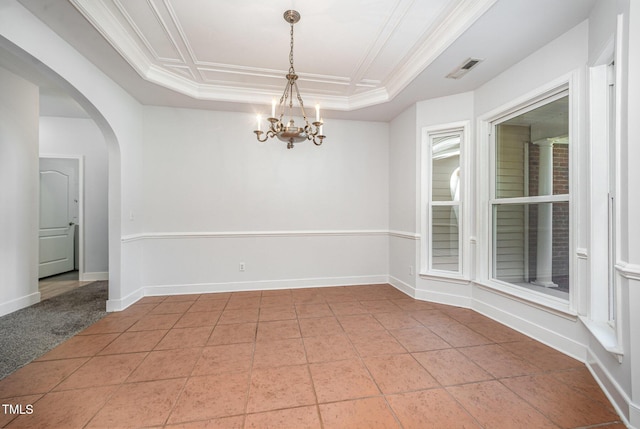 3313 Overhead Ct, Willow Springs, NC 27592 - unfurnished room featuring a raised ceiling, a chandelier, arched walkways, and ornamental molding