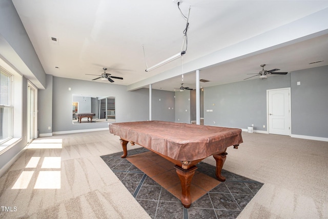 3313 Overhead Ct, Willow Springs, NC 27592 - game room with a ceiling fan, billiards table, and carpet flooring